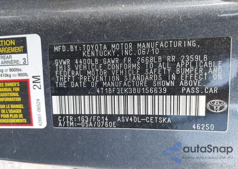 2011 Toyota Camry Se from USA, damaged, VIN 4T1BF3EK3BU156639